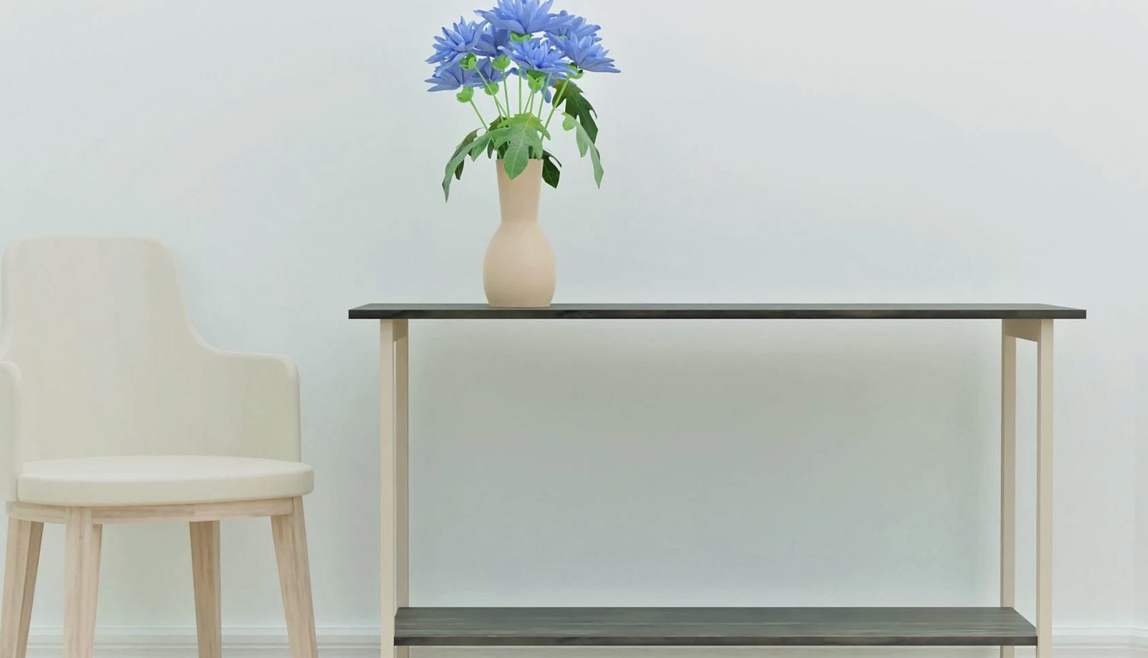 Simple and elegant interior with white armchair and blue flowers on table for a serene atmosphere.