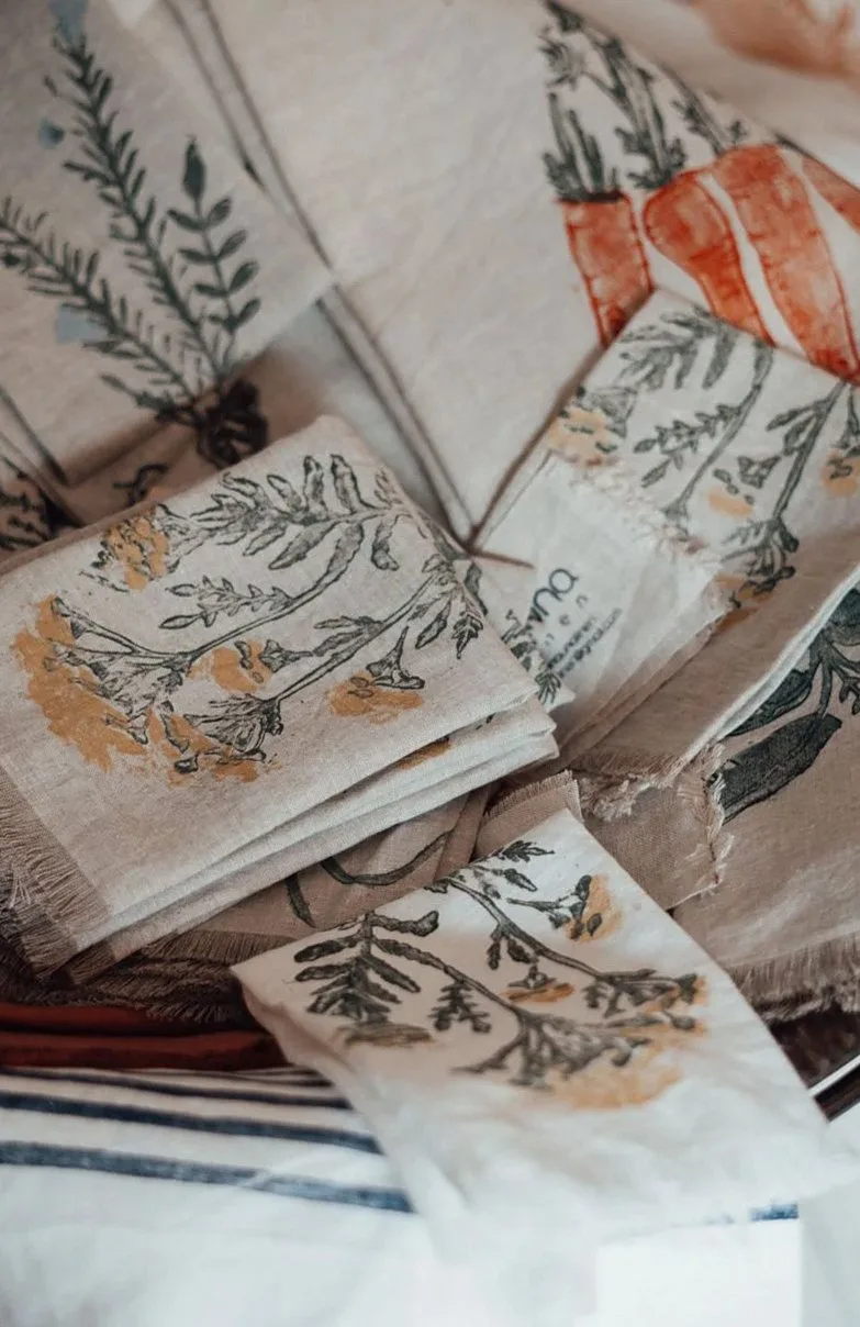 Linen tea towel, block-printed